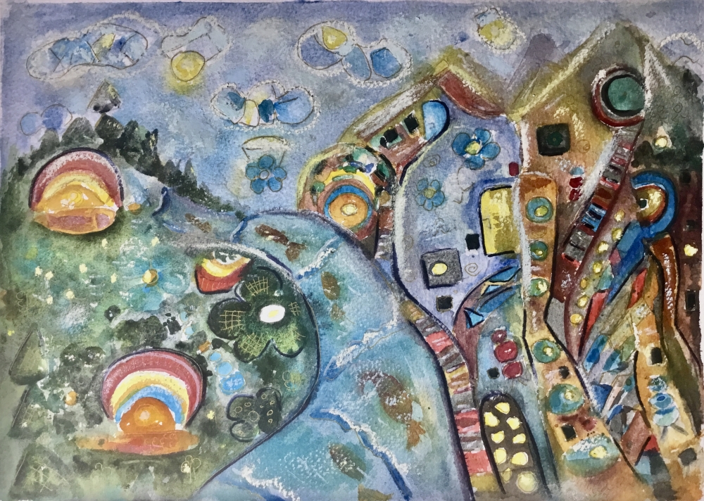 Gates of the Rainbow” – Whimsical Watercolor and Pastel Painting