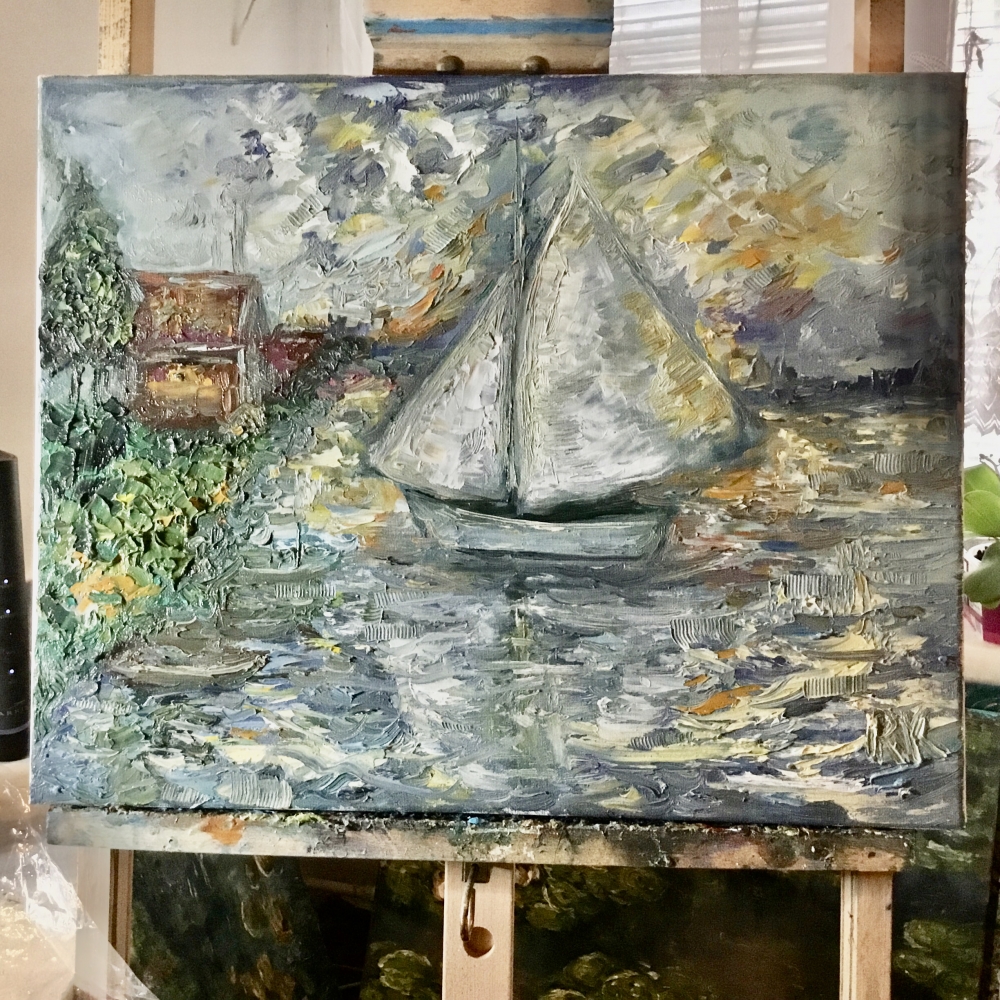 Silent Voyage at Sunset – Impasto Oil Painting on Canvas (40x50 cm)