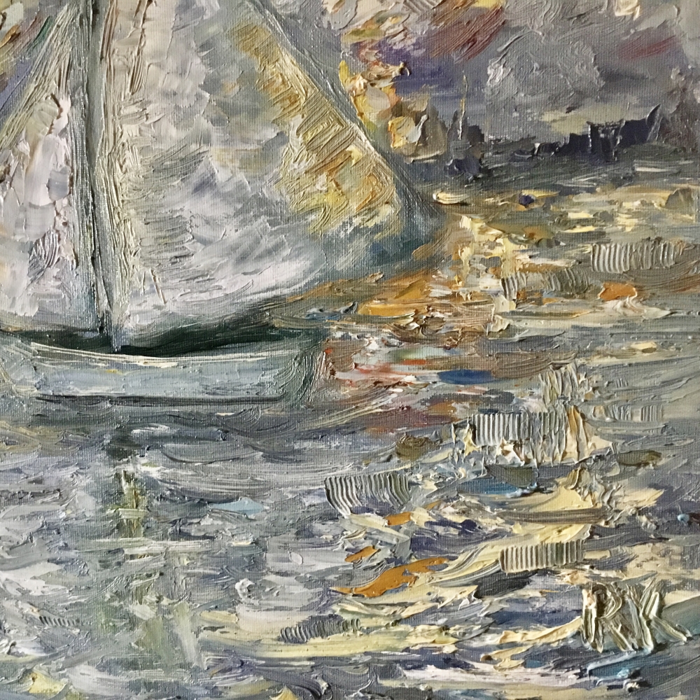 Silent Voyage at Sunset – Impasto Oil Painting on Canvas (40x50 cm)