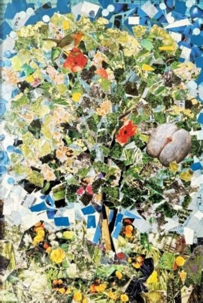 The \"coco-fesses\" and the bird collage and acrylic painting