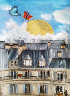 A room with a view in Paris acrylic painting and golden leaf