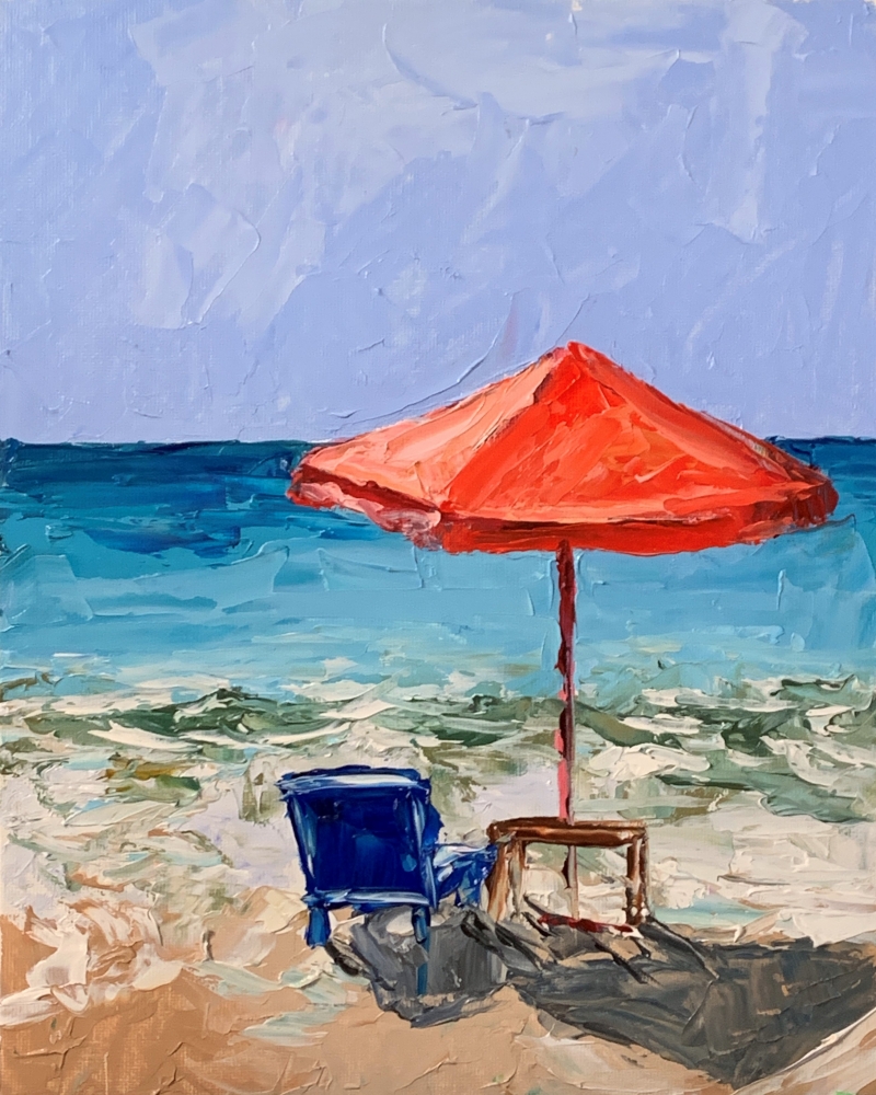 Seascape. Red parasol.