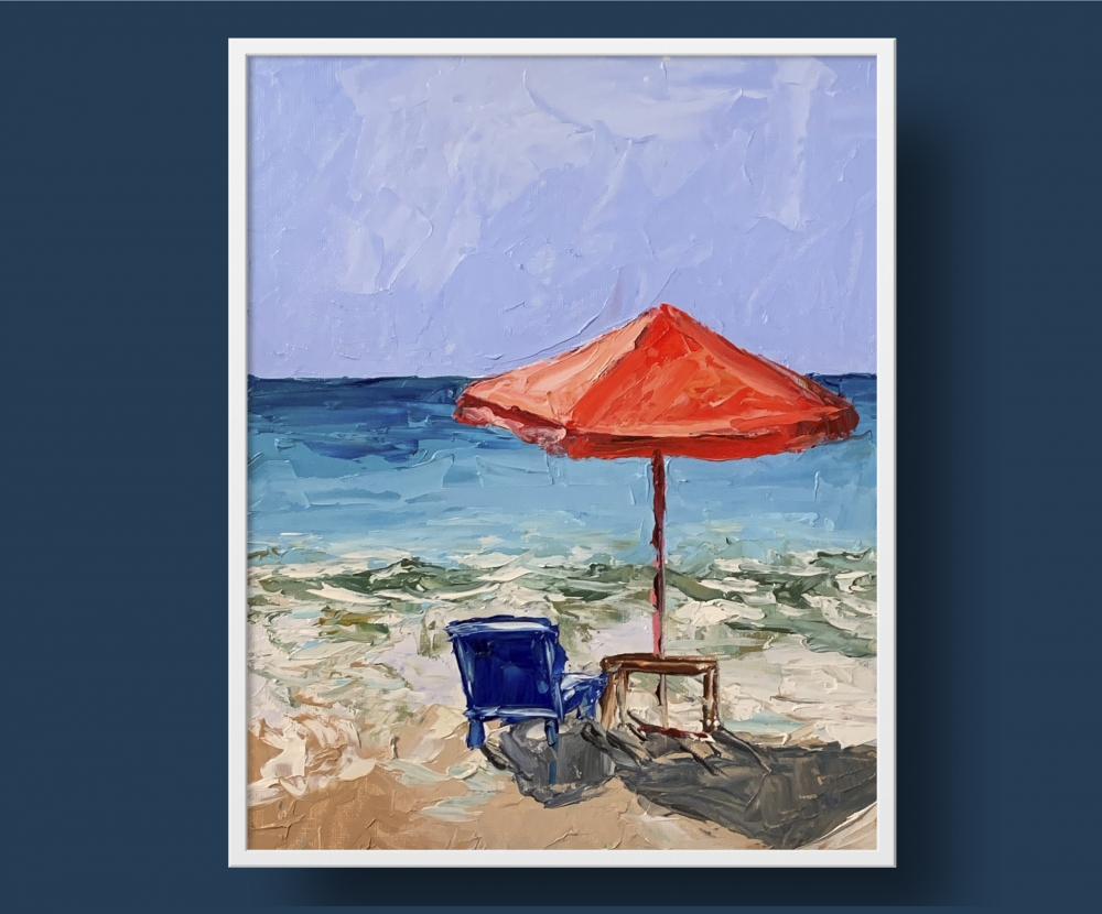 Seascape. Red parasol.