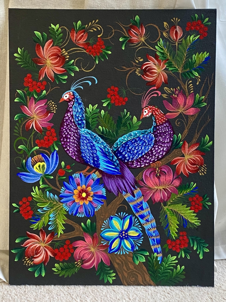 Beautiful peacocks painted on a black background. Petrykivka Ukrainian Folk art. Home/office room decor gifts.