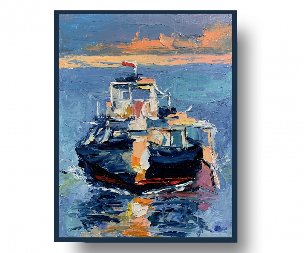 Boat at Sunset. Evening Seascape. 