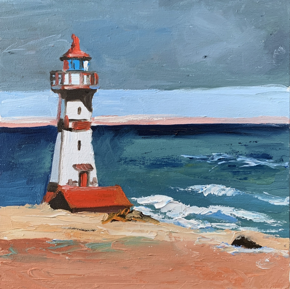 Seascape with lighthouse on a sea shore