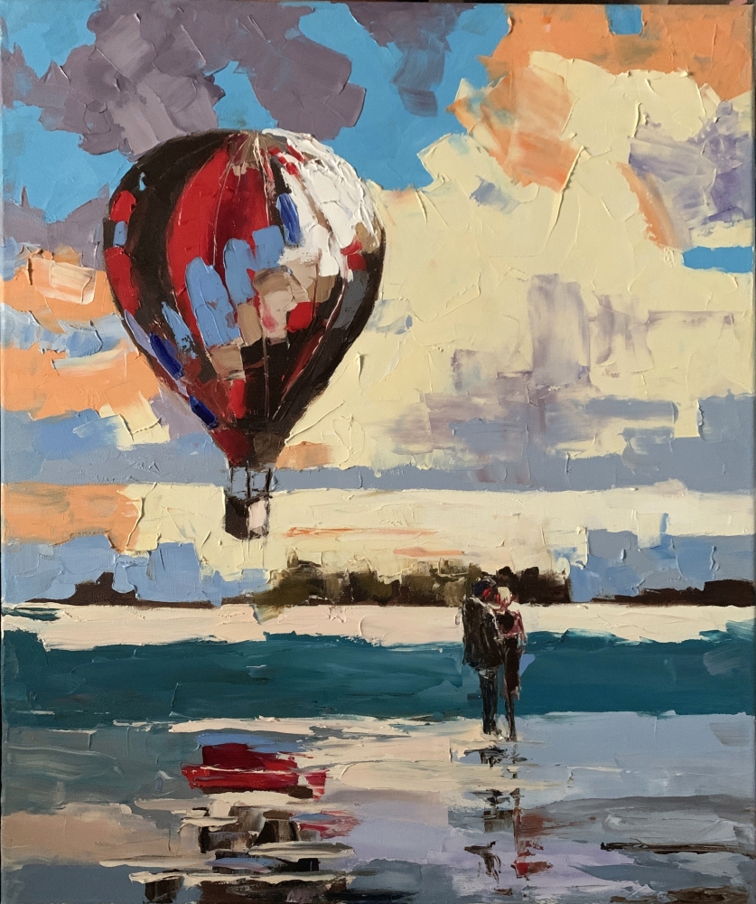 Seascape with an air balloon and love couple.