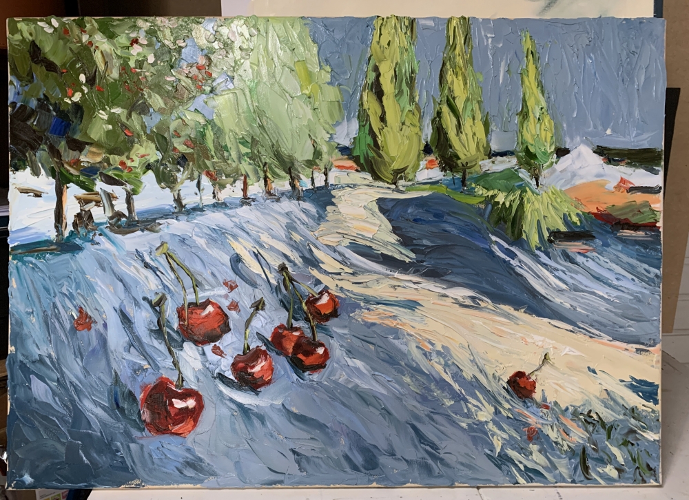 Olive trees and cherries. Inspired by Van Gogh.