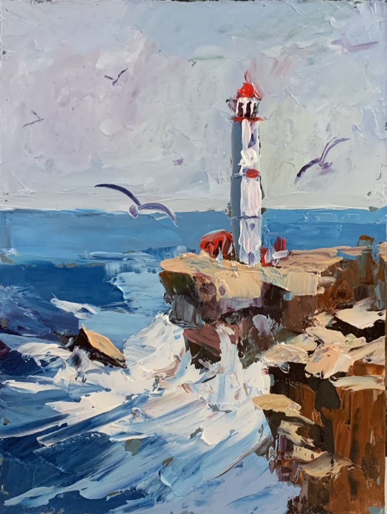 Seascape with lighthouse and waves