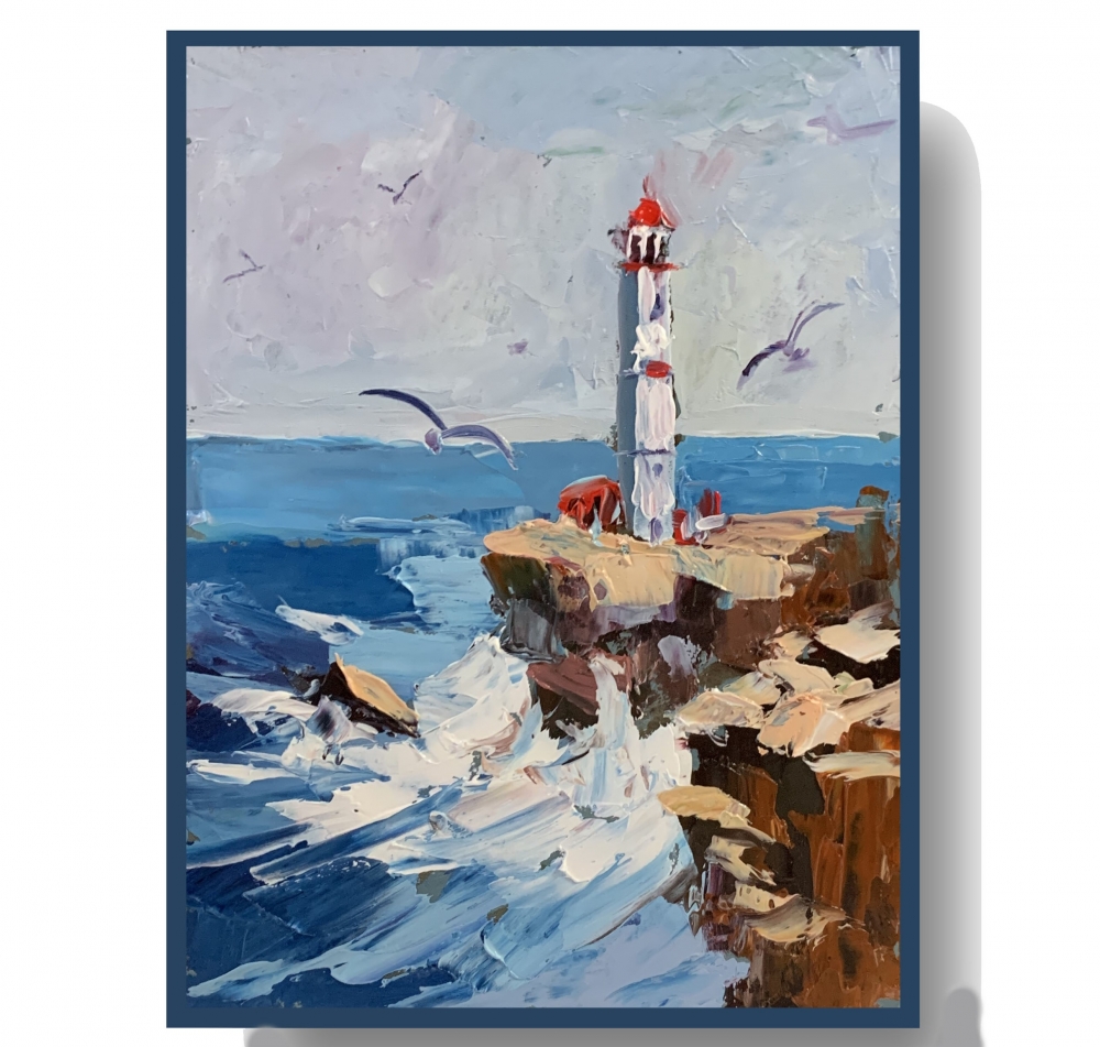 Seascape with lighthouse and waves