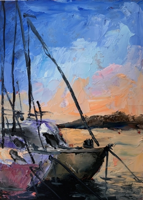 Sail Boat Sunset Seascape. Yacht.