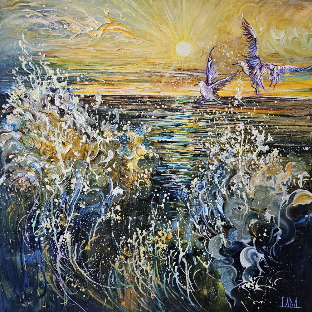 Seagulls, Sunset and Waves