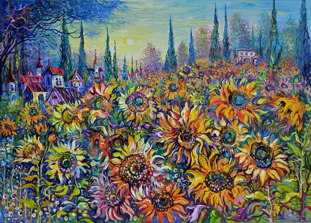 Sunflower Field and Cypresses