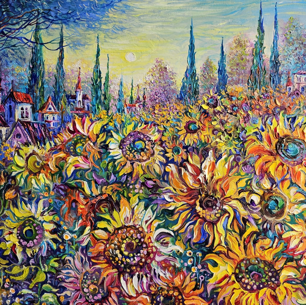 Sunflower Field and Cypresses