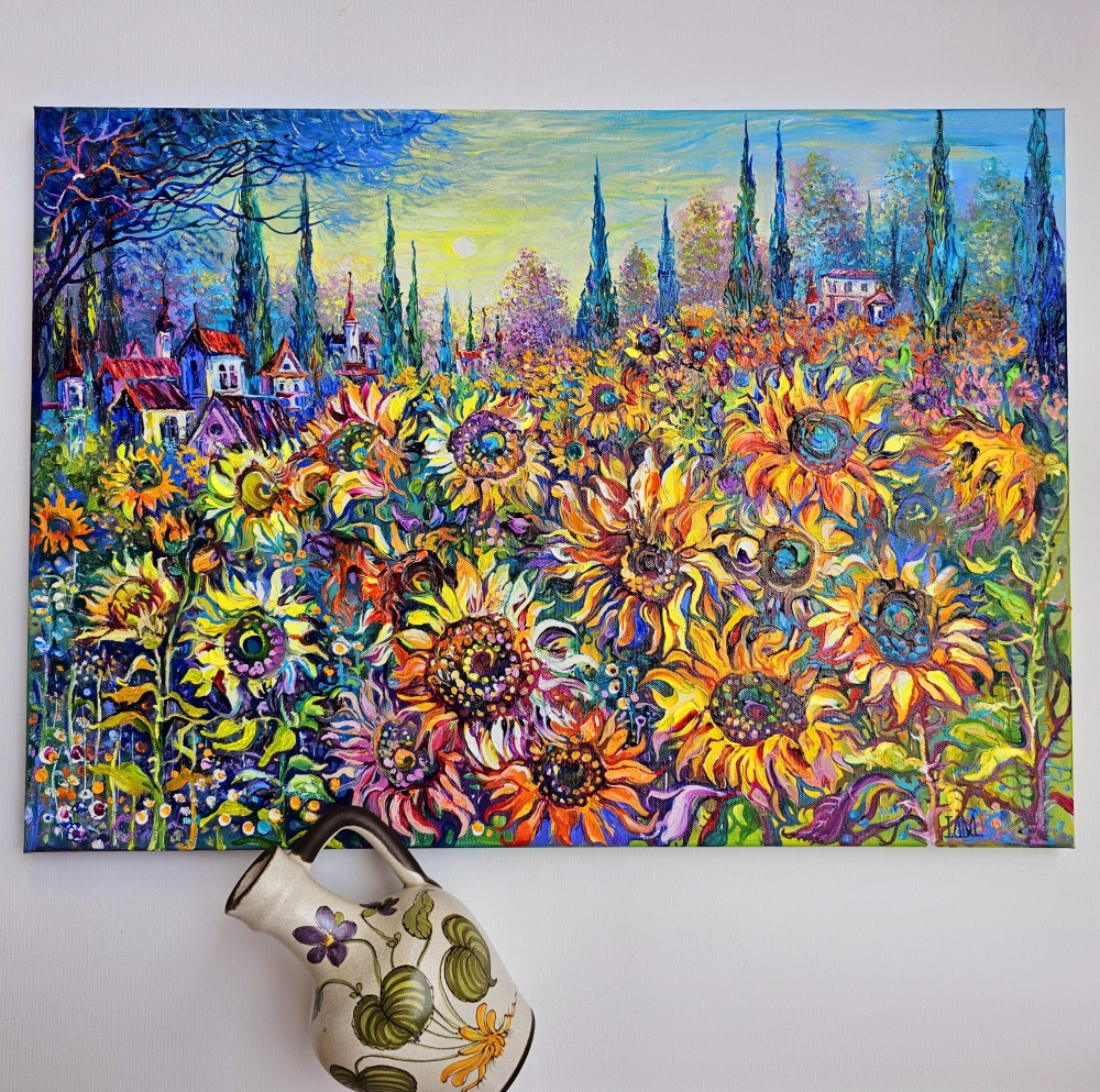 Sunflower Field and Cypresses