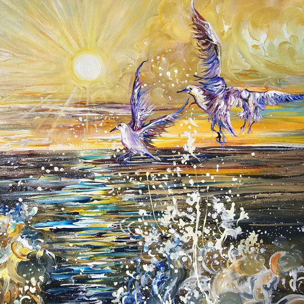 Seagulls, Sunset and Waves