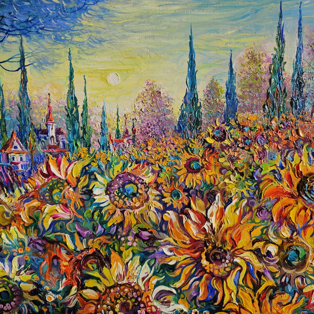 Sunflower Field and Cypresses
