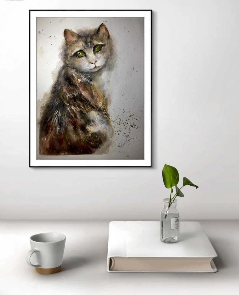 Emerald Gaze” – Original Watercolor Cat Portrait on A4 Paper