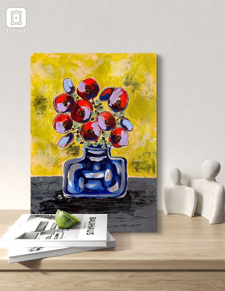  Red Blooms in Blue Vase