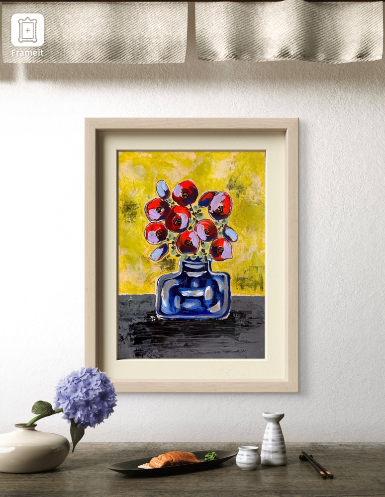  Red Blooms in Blue Vase