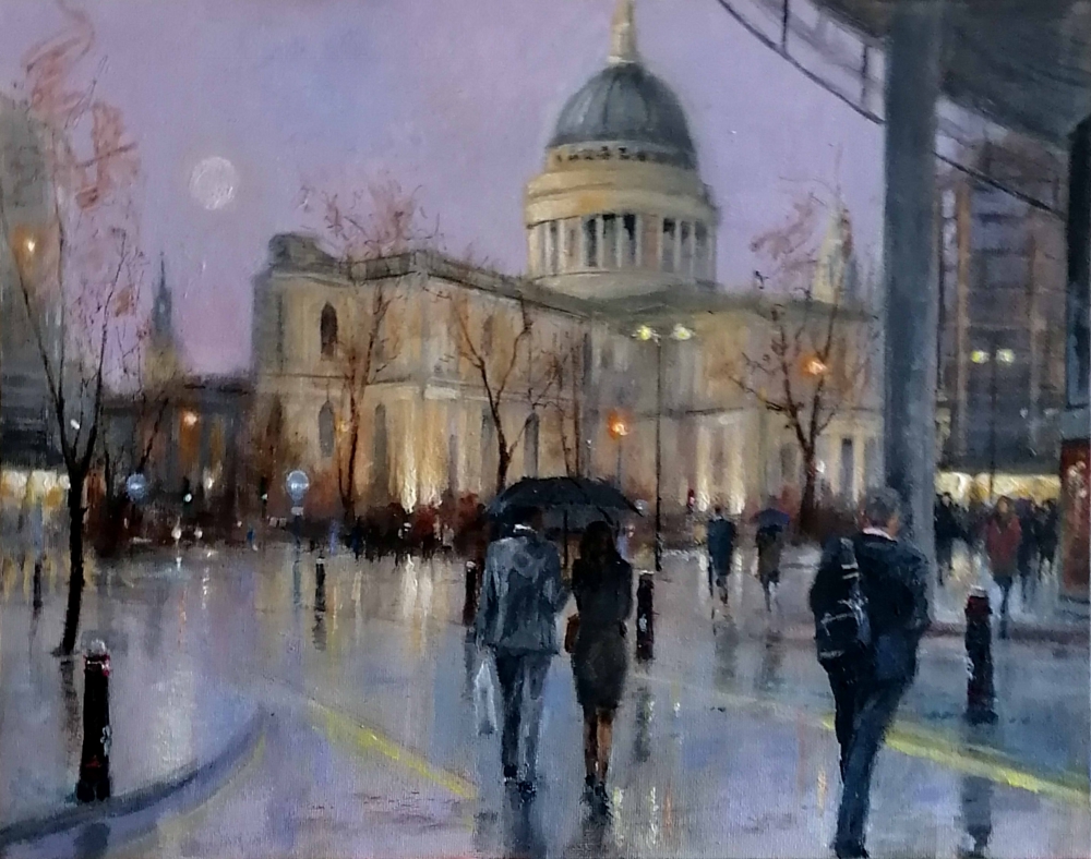 Evening rain , St Pauls Cathedral\"..Acrylic on canvas board