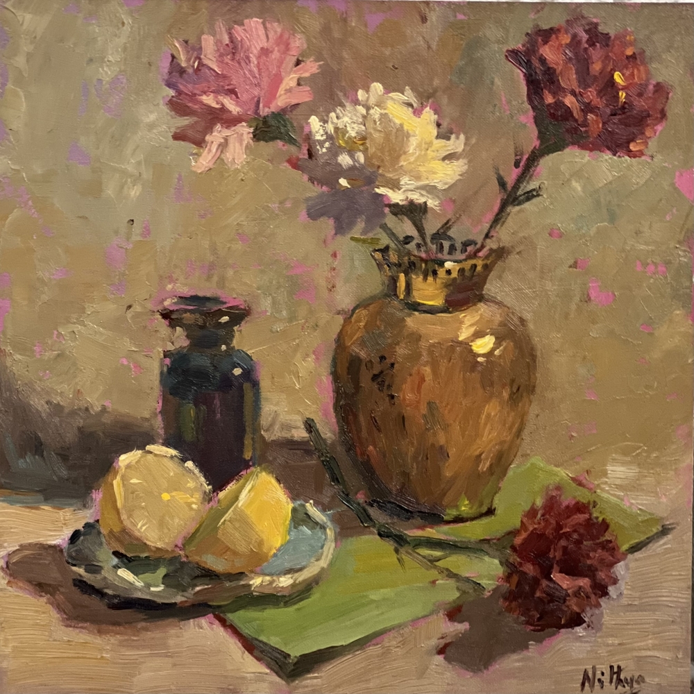 Copper Vase and Lemons - Original oil painting 