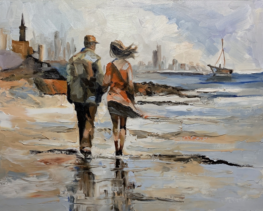 Coastal walk. Love couple.