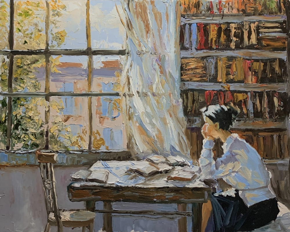 Quiet moment in a home library.