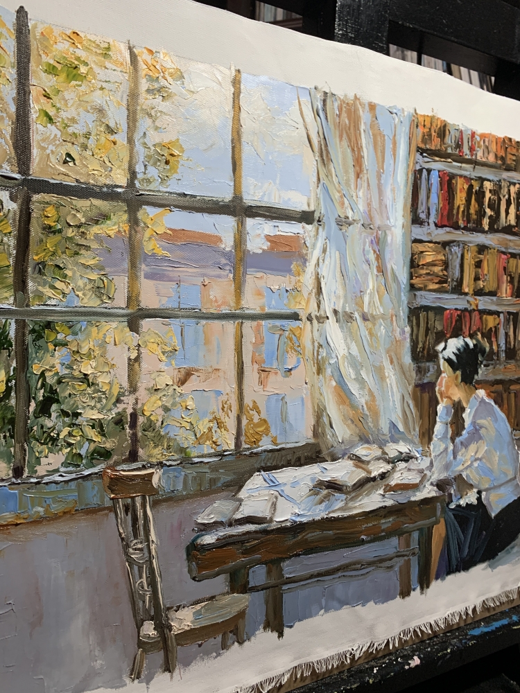 Quiet moment in a home library.