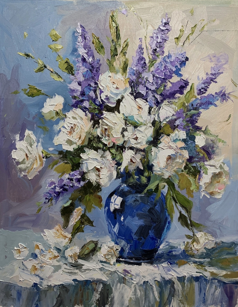 Summer Bouquet in Cobalt Vase