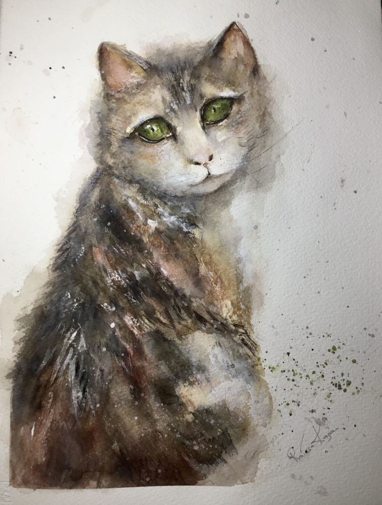 Emerald Gaze” – Original Watercolor Cat Portrait on A4 Paper