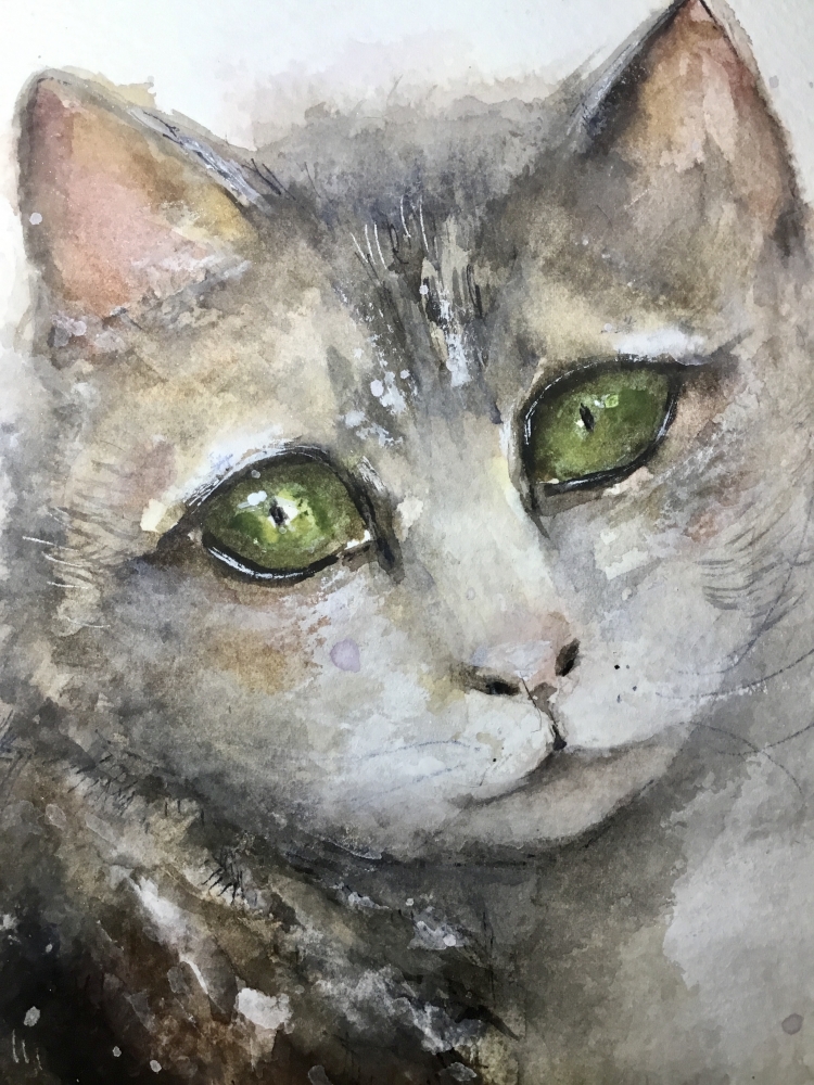Emerald Gaze” – Original Watercolor Cat Portrait on A4 Paper