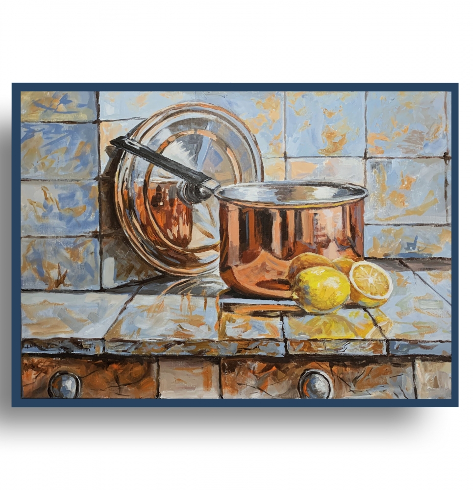 Simple joy.  Copper pot with lemons.