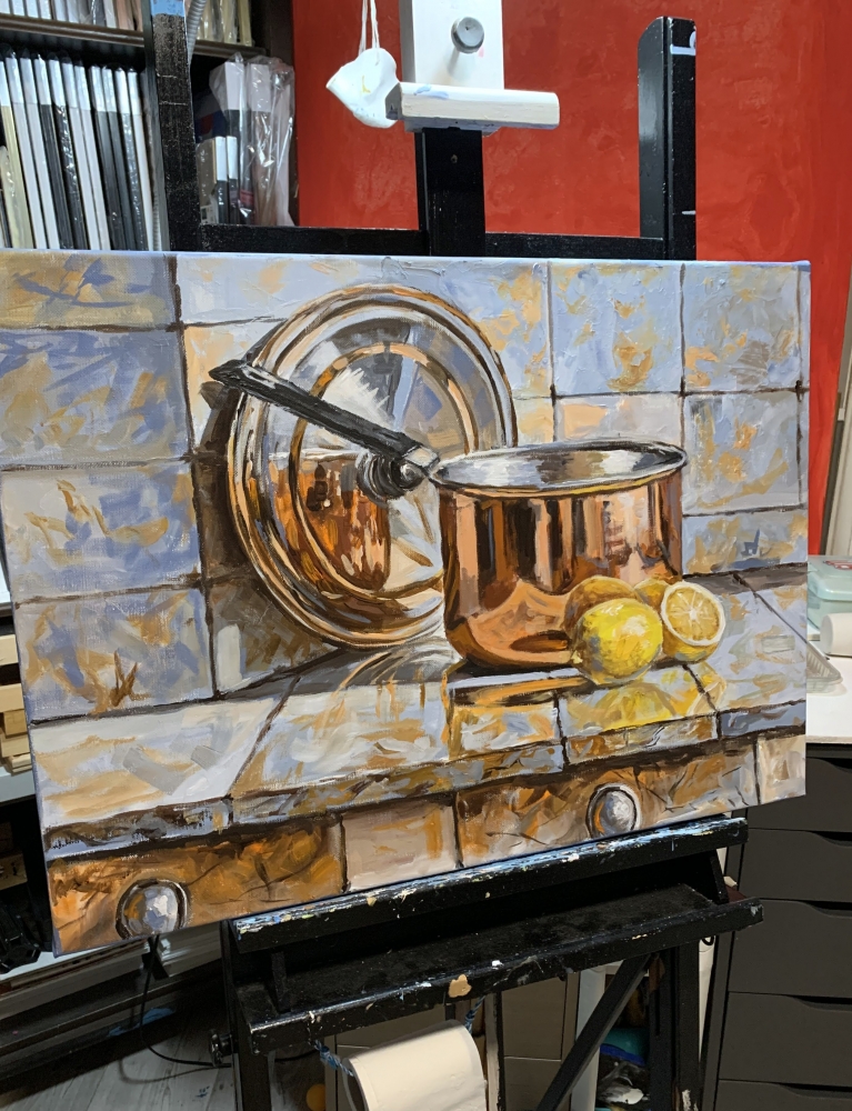Simple joy.  Copper pot with lemons.