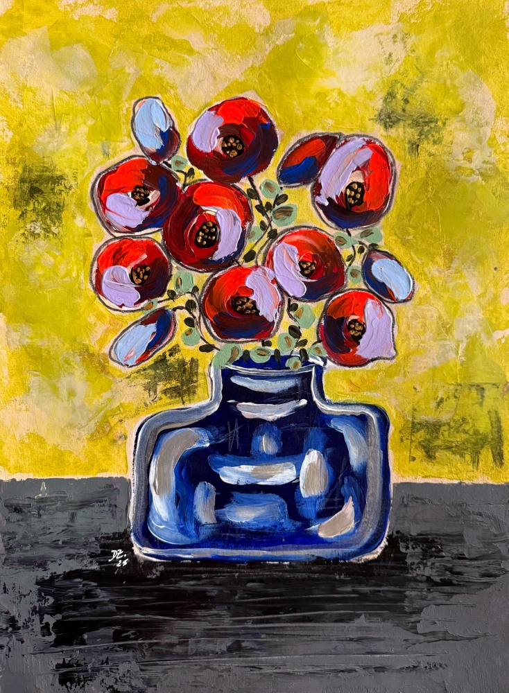  Red Blooms in Blue Vase