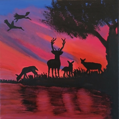 Deer by the lake at sunset