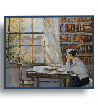 Quiet moment in a home library.