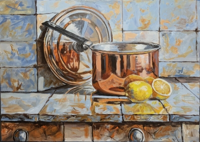 Simple joy.  Copper pot with lemons.