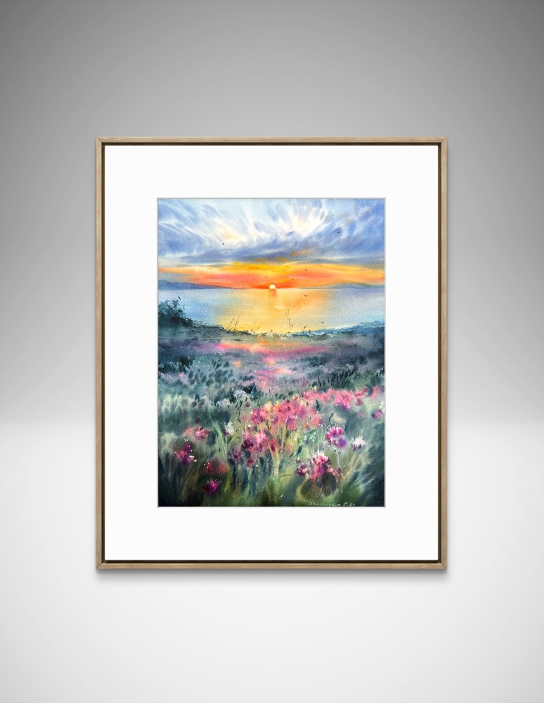 Flowers and sea at sunset