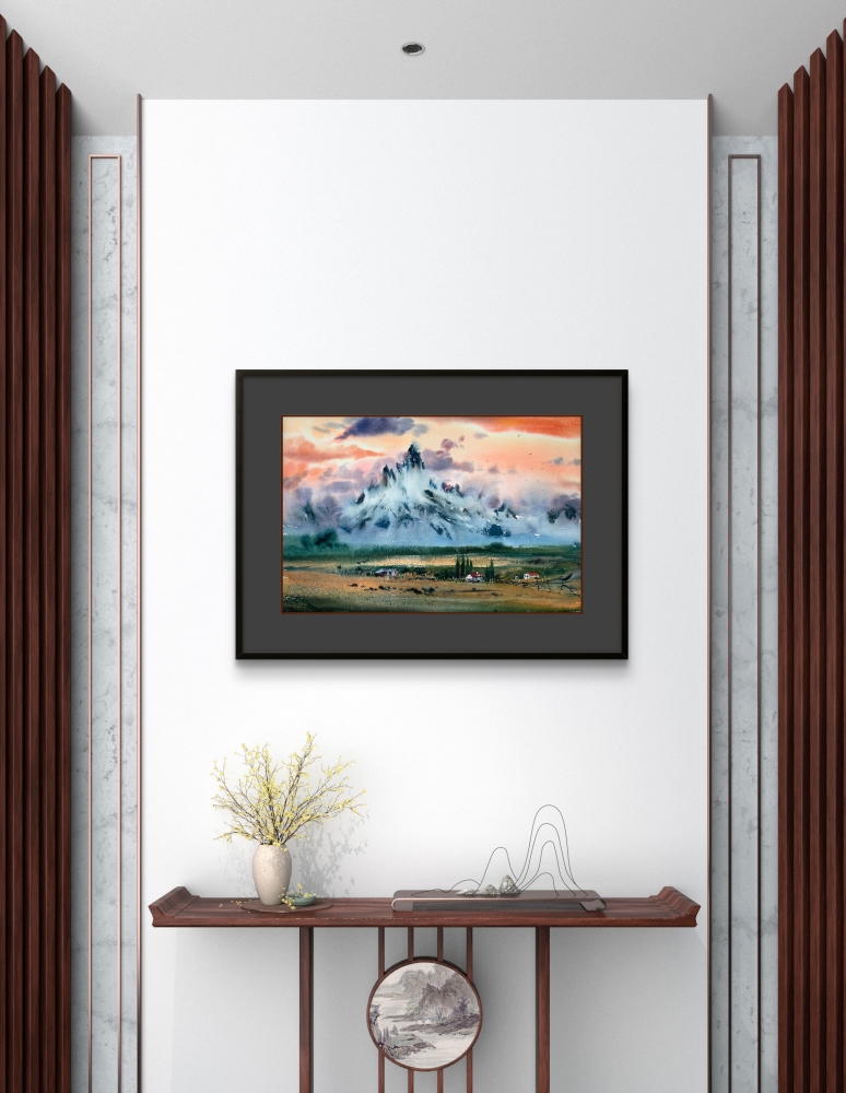 Mountainscape with orange sunset