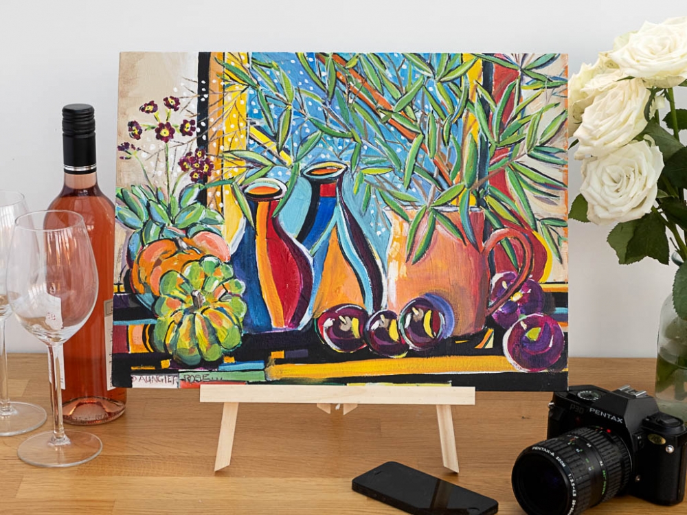 Autumn still life with Gypsophila and Decorative Gourds