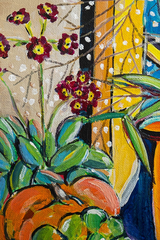 Autumn still life with Gypsophila and Decorative Gourds