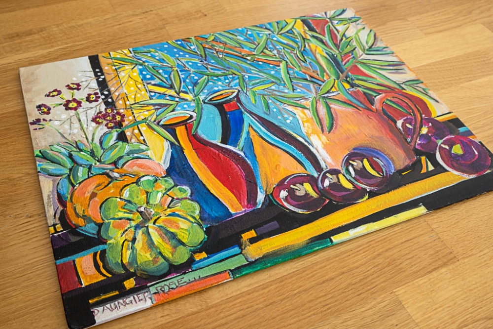 Autumn still life with Gypsophila and Decorative Gourds