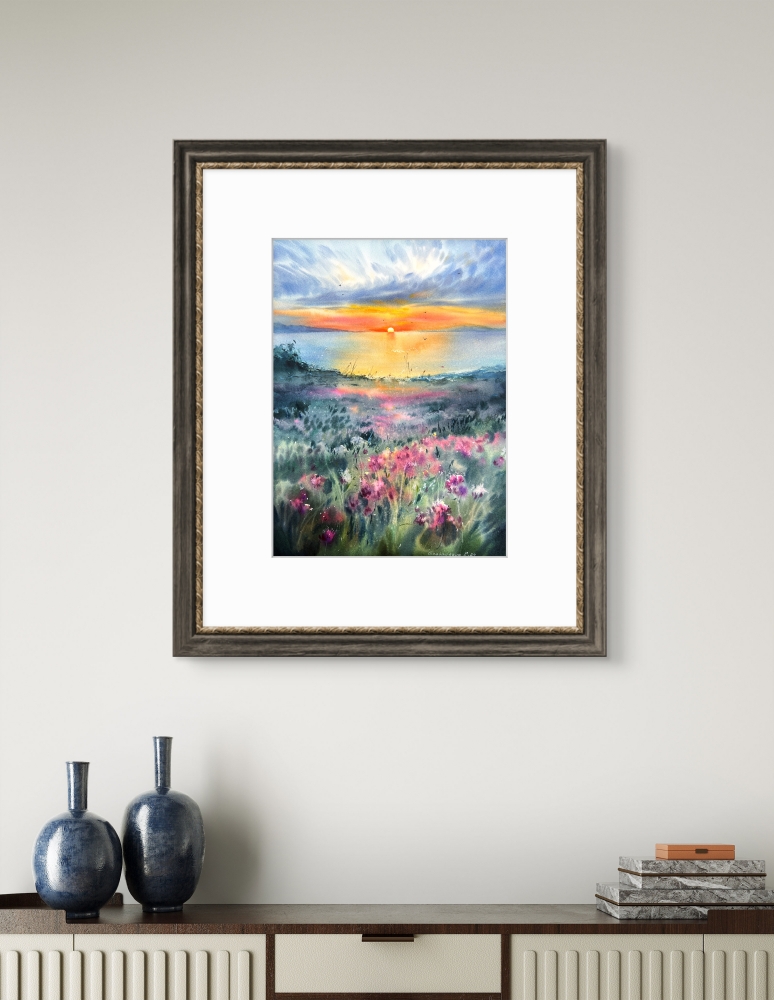 Flowers and sea at sunset