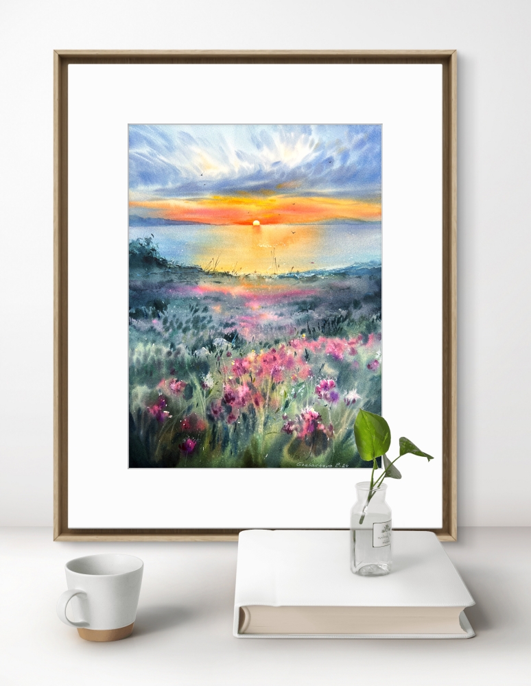 Flowers and sea at sunset