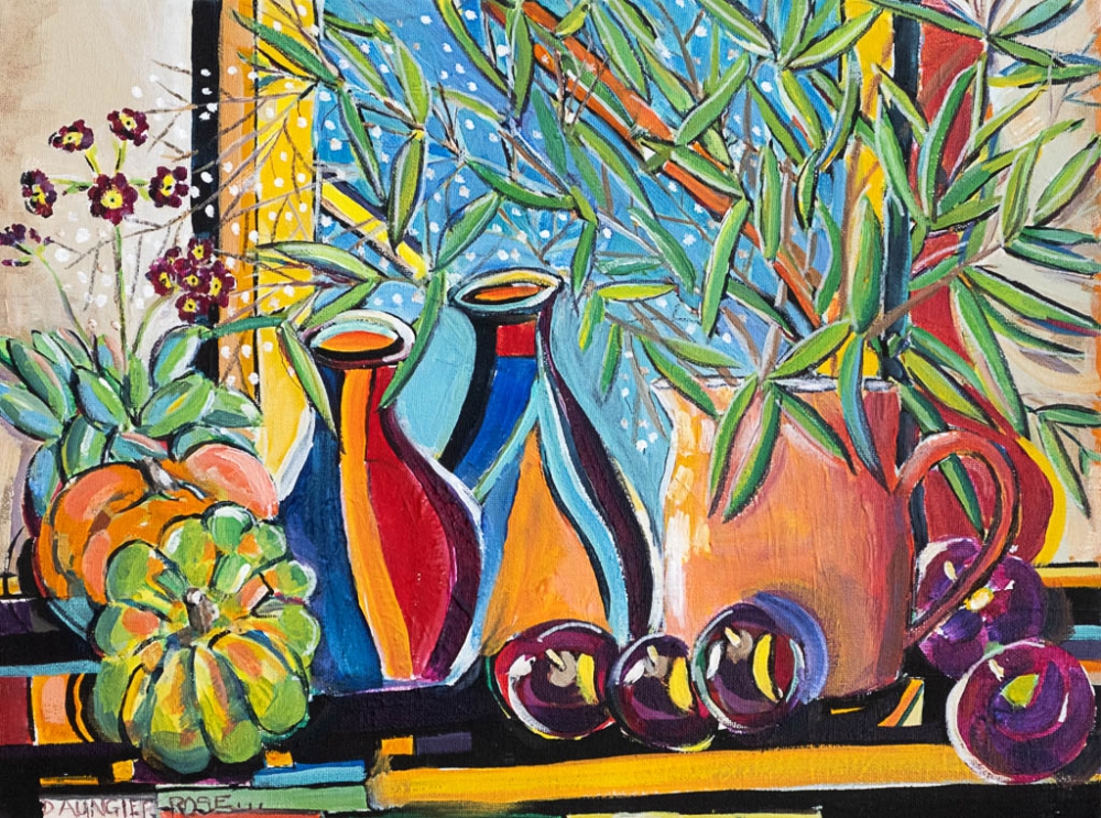 Autumn still life with Gypsophila and Decorative Gourds