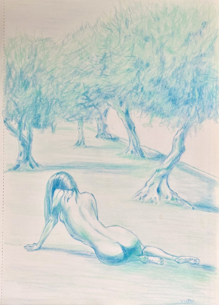 Nude resting on an olive tree beach