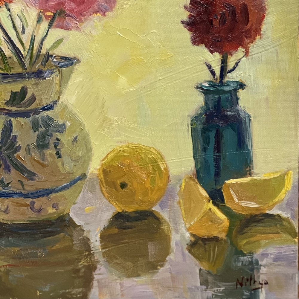 Backlit lemons and flowers 