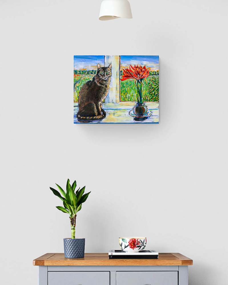 Windowsill Cat With Red Amaryllis