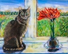Windowsill Cat With Red Amaryllis